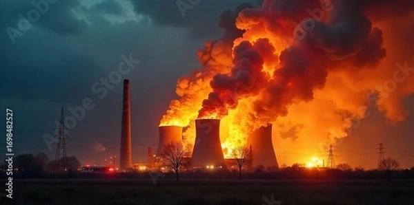 Fototapeta Dramatic image of a large-scale industrial fire engulfing a power plant, billowing smoke and flames against the dark sky Emergency vehicles are visible in the distance , catastrophe, facility