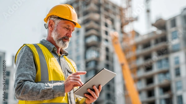 Fototapeta Middle-aged construction project manager inspecting project with tablet at work site
