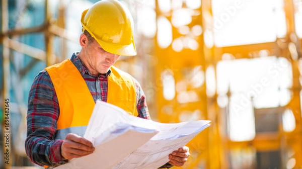 Fototapeta Focused project manager reviewing construction plans at a busy job site during daylight hours