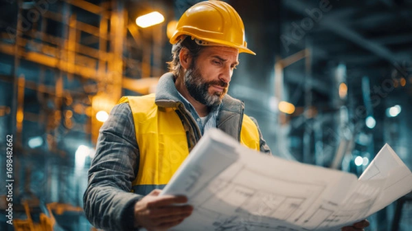 Fototapeta Focused project manager reviewing blueprints at a construction site during daylight hours