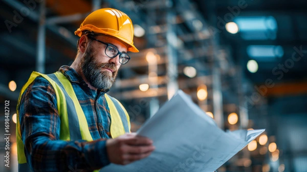 Fototapeta Focused project manager reviewing construction plans in a warehouse setting during daylight hours