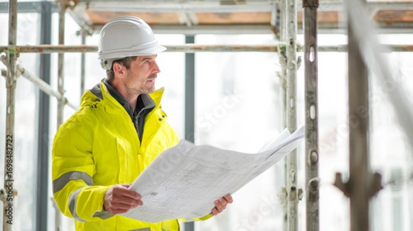 Fototapeta Construction project manager reviewing blueprints at indoor construction site