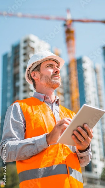 Fototapeta Experienced project manager overseeing construction site operations for modern building project