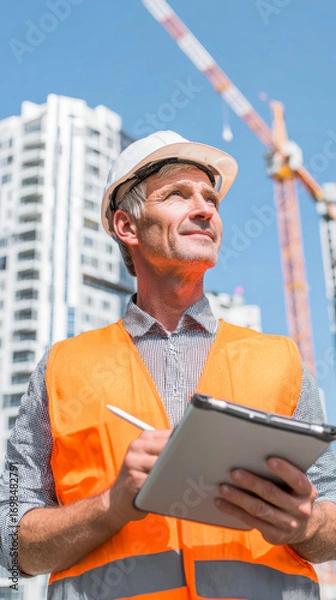 Fototapeta Modern project manager overseeing a construction site with confidence and expertise