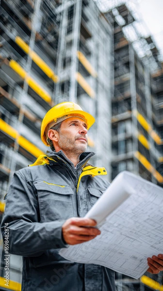 Fototapeta Construction project manager overseeing site activities with blueprints in hand