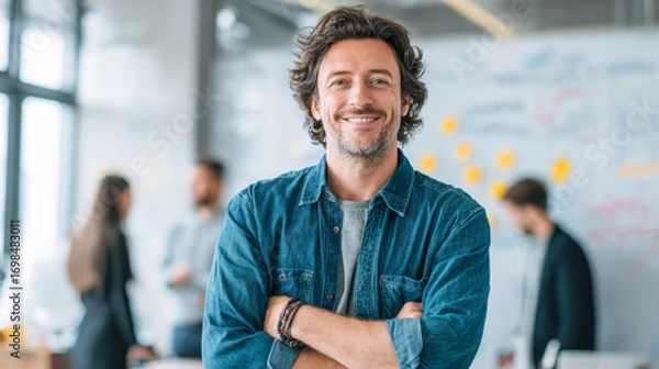 Fototapeta Young male project manager showcasing leadership in a dynamic startup environment