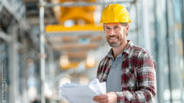 Fototapeta Confident project manager overseeing construction site while reviewing important documents