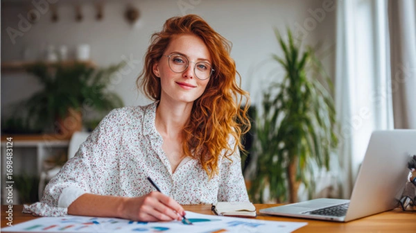 Fototapeta Bright home office workspace with accountant focusing on cash flow analysis and smiling during work