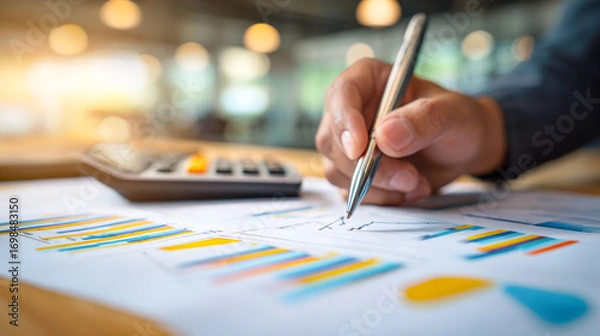 Fototapeta Accountant analyzing cash flow with charts and calculator during a business review session