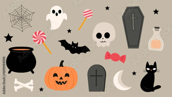 Fototapeta Halloween set. Colored Halloween icons with bats, pumpkins, spider web, ghosts, black cat, skull, bones, tombstone, coffin, cauldron, moon, candy and poison in a bottle.
