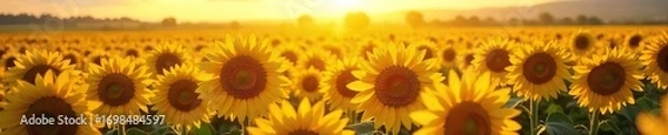 Fototapeta Golden hour sunlight illuminates a vibrant yellow field of sunflowers, stretching to a bright horizon The scene evokes feelings of warmth, joy, and summer's abundance , meadow, joy, agriculture