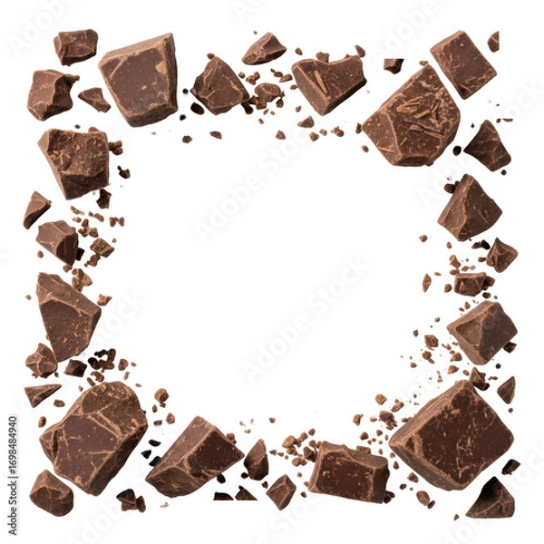 Fototapeta Irregular dark chocolate pieces, shards, chunks & fine crumbs scattered on a pristine transparent background, top-down view with soft studio light. Concept of gourmet confectionery and purity