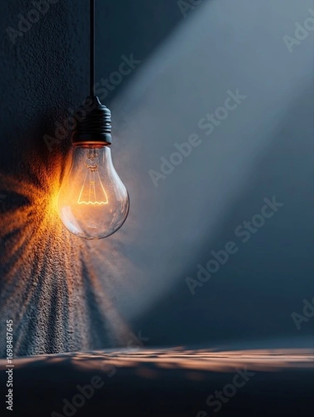Fototapeta Minimalist single light bulb concept design Vintage Light Bulb Hanging from Wall with Dramatic Shadow Play. A stunning vintage light bulb hangs from a wall, casting a soft warm glow