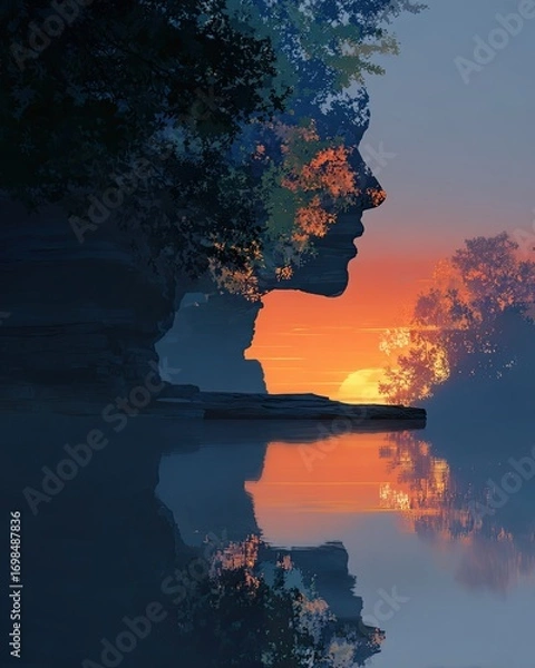 Fototapeta Creative artistic stock background illustration Serene Sunset Reflection with Nature and Human Silhouette. A stunning image featuring a serene sunset reflection merging nature and a human silhouette