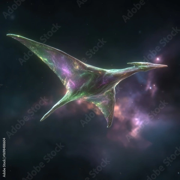 Fototapeta A vibrant, otherworldly creature, resembling a pterodactyl, soars through a nebula of swirling cosmos, showcasing a beautiful array of iridescent colors.