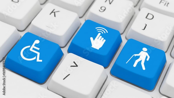 Fototapeta Computer keyboard with accessibility and user interaction icons on blue keys