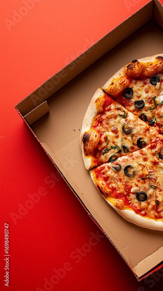 Fototapeta Half a cheese-and-olive pizza in an open cardboard delivery box on a bold red background.