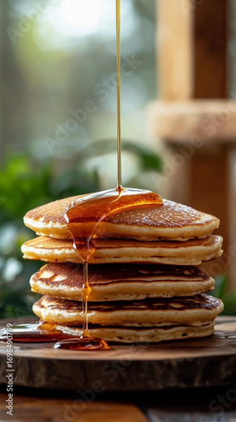 Fototapeta A tall stack of fluffy pancakes on a rustic wooden board, drizzled with golden maple syrup in warm morning light.