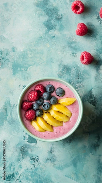 Fototapeta A pink smoothie bowl topped with raspberries, blueberries, and mango slices on a textured teal background, with scattered raspberries nearby.