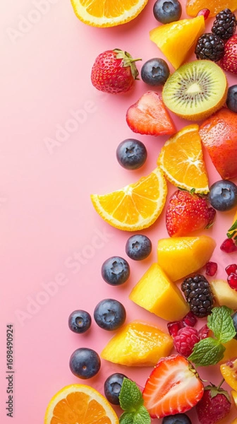 Fototapeta Vibrant mix of sliced citrus, berries, kiwi, and mango scattered on a pink background, creating a fresh, summery flat lay.