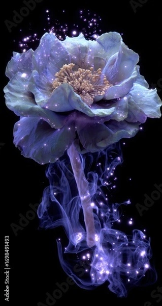 Fototapeta A delicate, luminous flower, bathed in ethereal light and smoke, stands out against a dramatic black background.