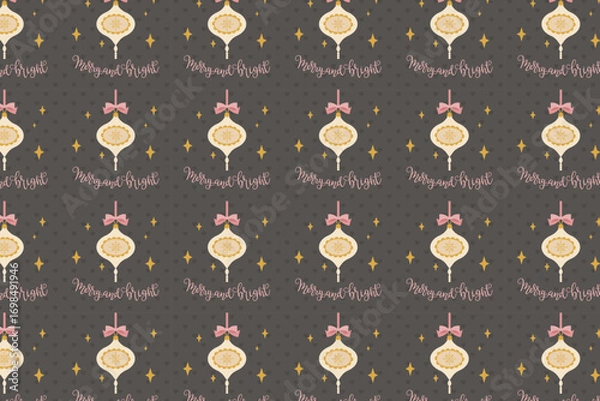Fototapeta Christmas Ornament Seamless Pattern swatch available in swatches panel, Festive Holiday Design with Merry and Bright Text