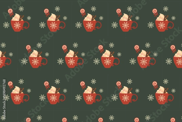 Fototapeta Christmas Hot Cocoa Seamless Pattern swatch available in swatches panel, Festive Holiday Winter Design with Snowflakes and Mug