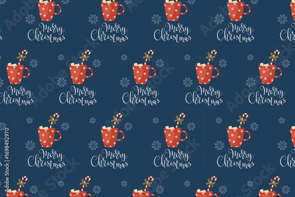 Fototapeta Christmas Hot Chocolate Seamless Pattern swatch available in swatches panel, Festive Holiday Winter Design with Merry Christmas Text