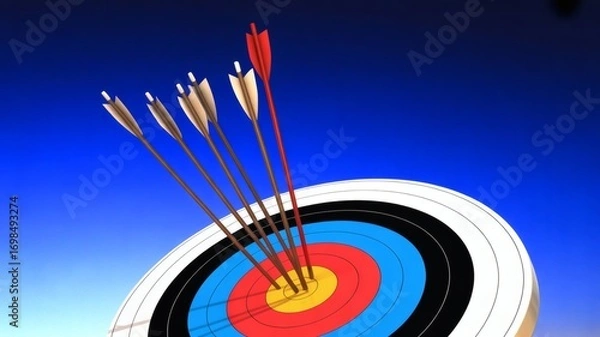 Fototapeta Illustration of a target with several arrows hitting the bullseye. One red arrow stands out among the others, symbolizing success and precision.