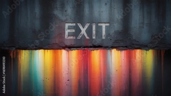 Fototapeta "EXIT" is written on a concrete wall. Below the word, colorful light shines in vertical lines, like a painting.