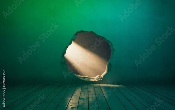 Fototapeta A symbolic image for Adobe Stock features a hole in a wall, with light shining through, suggesting discovery. It may represent innovative content creation.