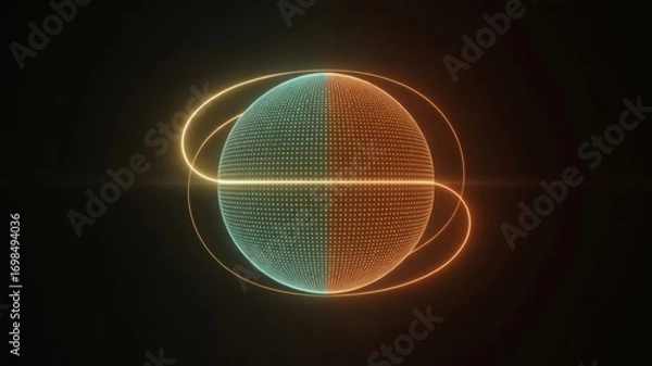 Fototapeta Abstract illustration of a sphere divided in half with teal and orange and surrounded by glowing rings, likely for stock content. It is labeled as an "illustration".