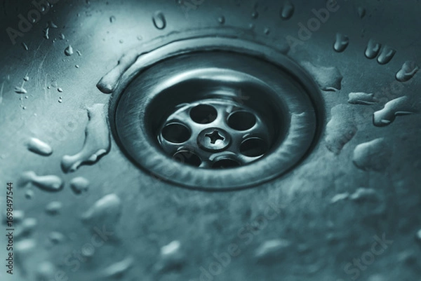 Fototapeta A close-up of a clean metal sink drain with water droplets and a moody blue tone, highlighting plumbing, hygiene, and modern design.