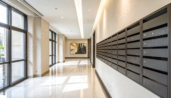 Fototapeta A bright and spacious hallway with modern mailboxes and large windows showcasing a serene and contemporary atmosphere.