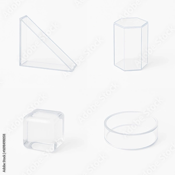 Fototapeta Minimal 3D transparent geometric shapes set including prism, cube, and sphere, isolated on clean white background.