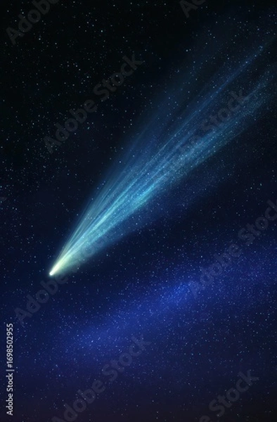 Fototapeta A brilliant comet streaks across a vast expanse of night sky, dotted with countless twinkling stars.