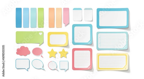 Fototapeta A vibrant collection of diverse paper stickers, memo pads, and speech bubbles, perfect for organizing ideas and notes.