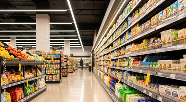 Fototapeta Modern supermarket aisle, brightly lit, displays well-organized shelves filled with diverse groceries, fresh produce, and packaged items, creating an inviting retail shopping environment.
