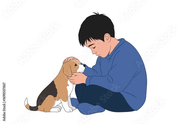 Obraz A young boy bonding with his small energetic dog on a white background