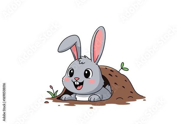 Obraz Cute cartoon bunny peeking out of its cozy burrow home surrounded by greenery