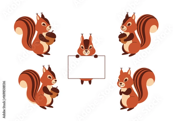 Obraz Cute squirrels holding acorns and a blank sign adorable forest animals cartoon