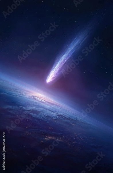 Fototapeta A luminous comet streaks across the inky black void, with Earth's silhouette below, bathed in the cosmic glow.