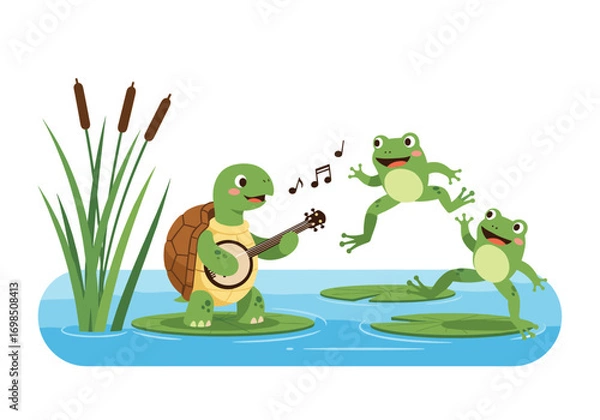 Obraz A cheerful turtle plays music for dancing frogs by the pond