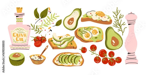 Obraz Avocado toast with vegetables in retro cartoon. Healthy breakfast set: eggs, cherry tomatoes, olive oil, herbs. Clean eating composition, illustration in funky, doodle style, trendy sticker set.