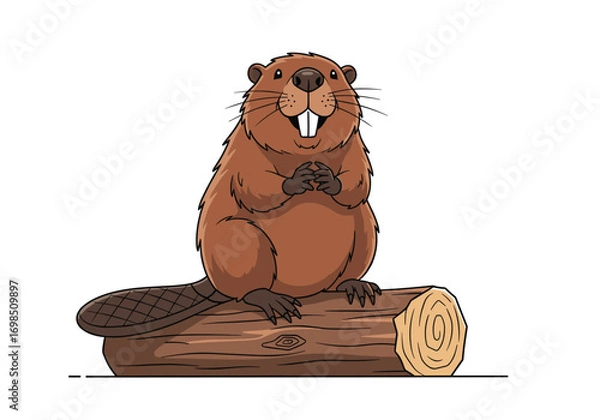 Obraz Happy cartoon beaver sitting on a log with a big smile