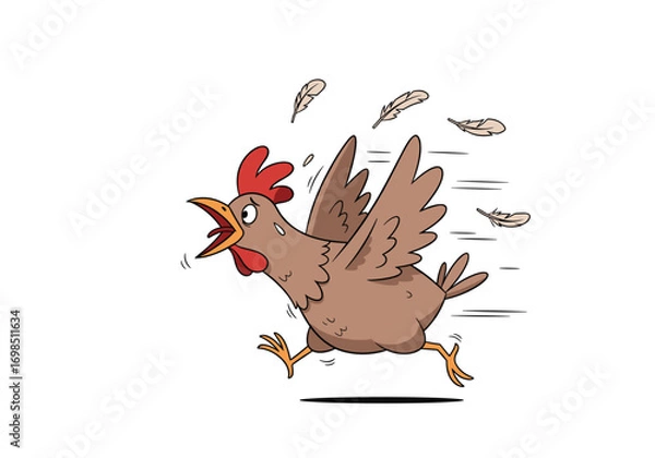 Obraz Cartoon chicken running fast with feathers flying in the air