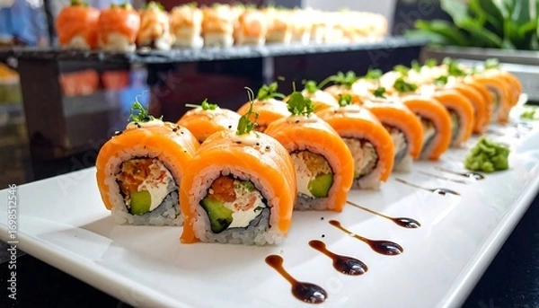 Obraz Salmon sushi rolls on a platter