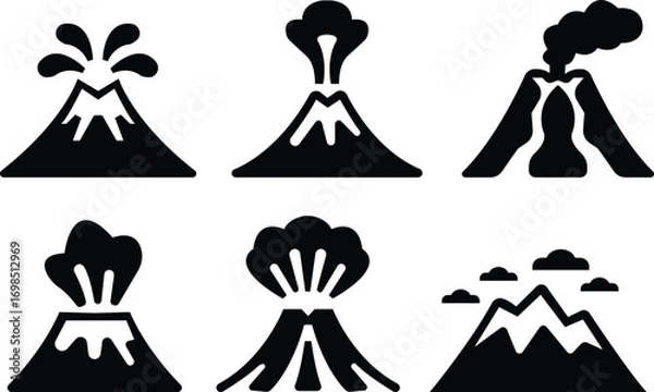 Fototapeta Volcano eruption flat icons set. Depicting eruption with smoke cloud, ash for education resources. Natural disaster symbols of mountain, lava, explosion, earth science, environment hazard vectors.