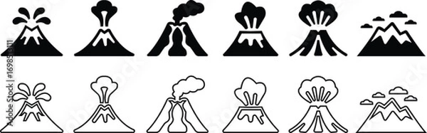 Fototapeta Volcano eruption flat, line icon set. Depicting eruption with smoke cloud, ash for education resources. Natural disaster symbol of mountain, lava, explosion, earth science, environment hazard vectors.