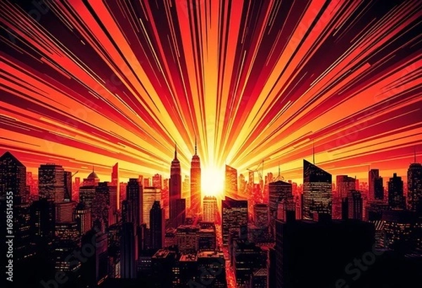 Fototapeta Halftone cityscape backdrop with dramatic lighting and radial burst effect, ideal for superhero comic book design,  editable,  poster